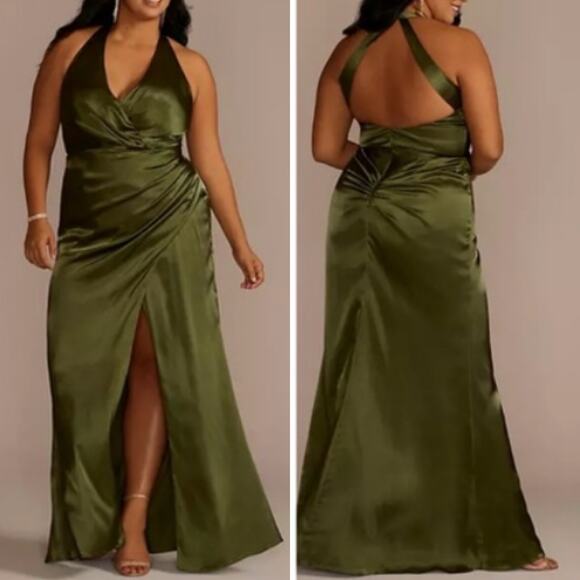 Galina Signature Charmeuse Halter Dress Green Martini Olive David's Bridal sz 18 - Picture 1 of 7